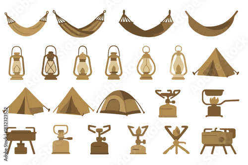 Set of camping gear icons with tents, lanterns, and stoves