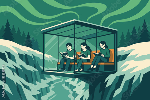 Teens reading in glass room over icy canyon with forest view