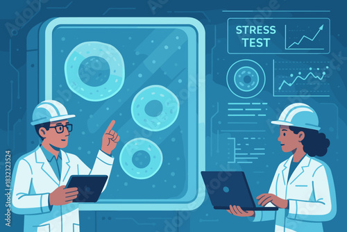 Scientists conducting stress test on cells in high-tech lab