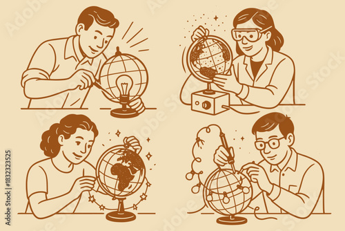 People creating illuminated globes in vintage line art style