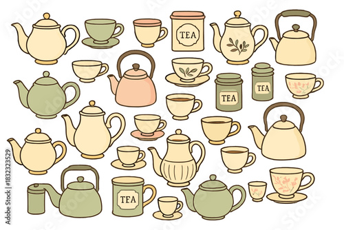 Vintage tea set pattern with cups, teapots, and tins