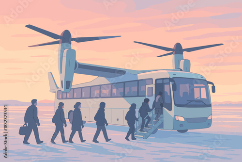 Passengers boarding hybrid tiltrotor bus at sunrise