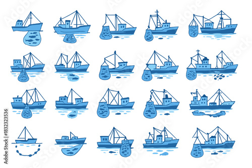 Fishing boats with full nets on ocean at night, seamless pattern