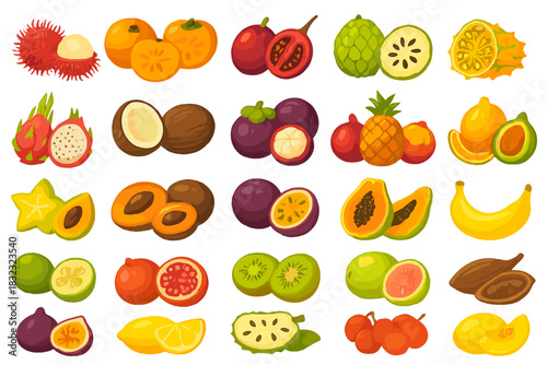 Seamless pattern of exotic tropical fruits on vibrant background