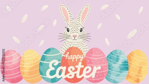 Cute easter bunny with colorful decorated eggs and feathers on a pastel purple background