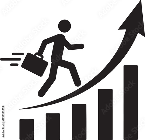 Businessman icon running up a rising bar graph with an upward arrow, symbolizing career progression, financial growth and market success.