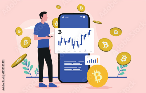 Bitcoin investor - Man making money investing and trading crypto currency on mobile phone. Flat design vector illustration
