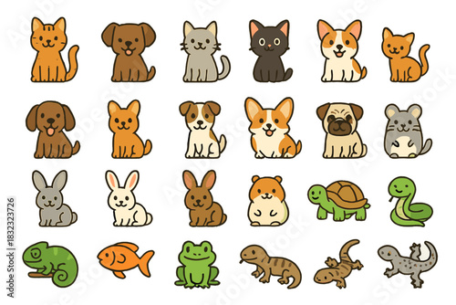 Cartoon pet and exotic animal icons on soft brown background