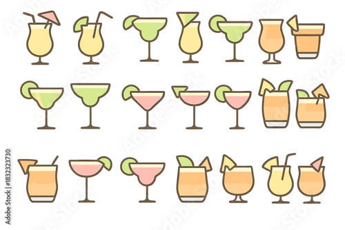 Flat tropical cocktail icon set with fruit garnish and straws