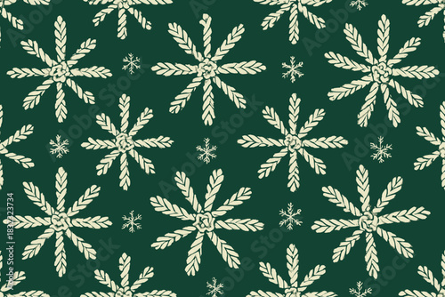 Braided snowflake pattern with woven texture on green background