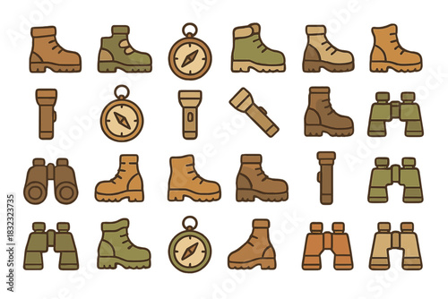 Hiking gear icon set with boots, compass, flashlight, binoculars