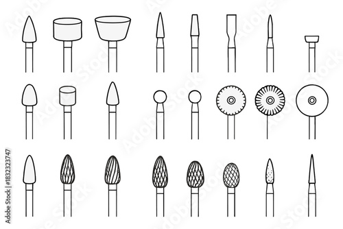 Grinding and cutting rotary tool bit icons on metallic background