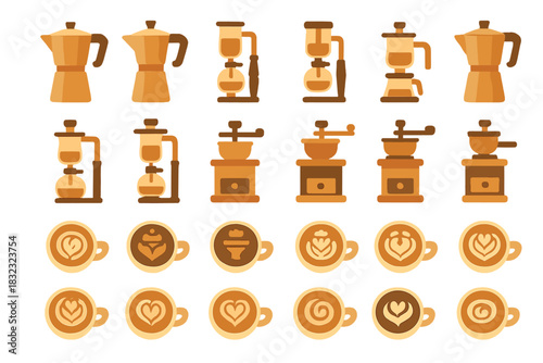 Flat icons of coffee makers, grinders, and latte art in warm tones