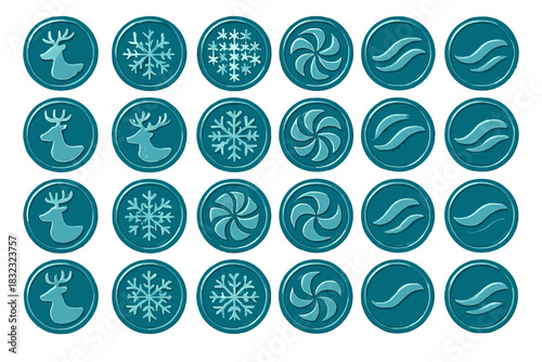 Blue winter icon set with reindeer, snowflakes, and wind motifs