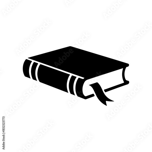 A simple black and white vector icon of a closed hardback book lying down with a ribbon bookmark sticking out. The design is minimalist and represents learning or reading.
