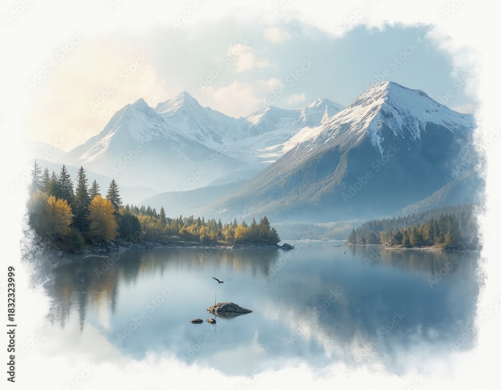 Obraz premium Snowy mountain peaks rise above a calm lake and evergreen forest. Autumn trees with yellow leaves accent the shoreline. A bird flies over calm water reflecting the landscape.