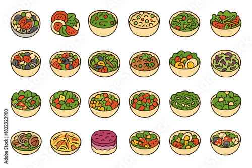 Hand-drawn icons of assorted salads and veggie bowls in rows