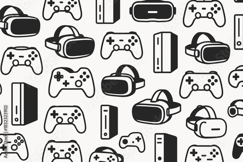 Seamless pattern of VR headsets, game consoles, and controllers