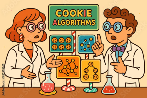Cartoon scientists discussing cookie algorithms with diagrams