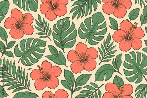 Seamless tropical floral pattern with red hibiscus and green leaves