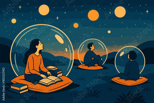 People reading and stargazing in domes under a surreal night sky