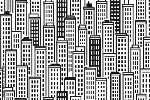 Seamless black and white city skyline pattern illustration