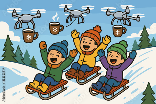 Children sledding with drones delivering hot cocoa in winter