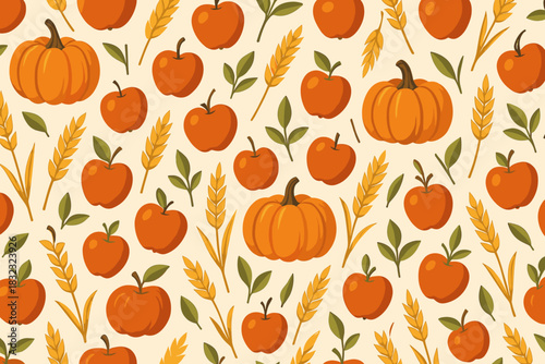 Seamless autumn pattern with pumpkins, apples, and wheat
