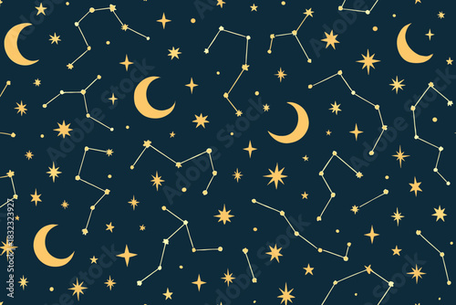 Seamless celestial pattern with constellations and crescent moons