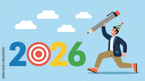 Ambitious character with a large pencil rushes to set new business targets and creative goals for the year 2026