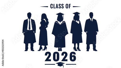 A diverse group of graduating students in silhouette, wearing academic caps and gowns for the Class of 2026 commencement ceremony
