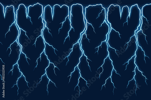 Seamless pattern with glowing blue lightning bolts on dark background
