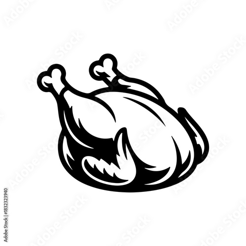 A bold black and white vector icon of a whole roasted chicken or turkey prepared for a holiday or festive dinner. The legs are tied together and the style is simple and graphic.