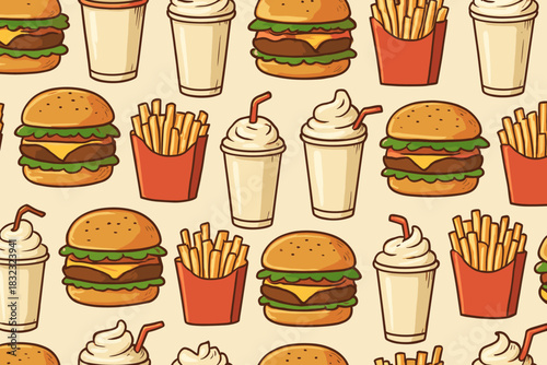 Seamless pattern with burgers, fries, and vanilla milkshakes