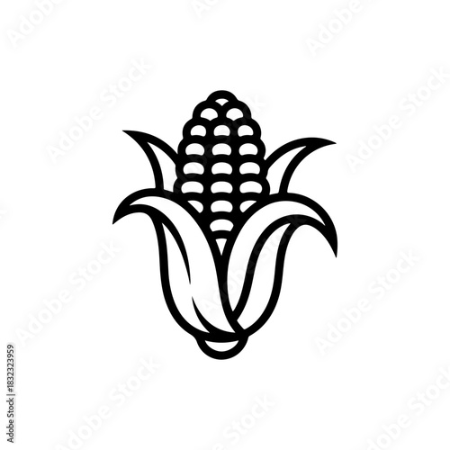 A simple black and white vector icon of a partially shucked ear of corn with visible kernels and husks. The style is bold and classic representing harvest and food.