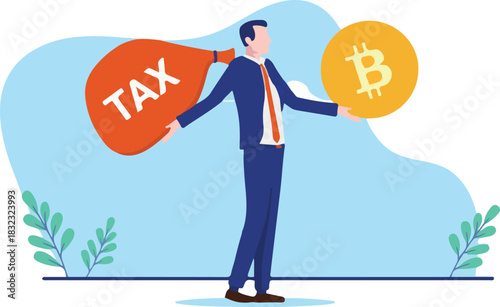 Bitcoin taxes - Businessman standing with coin and bag of tax. Flat design vector illustration with white background