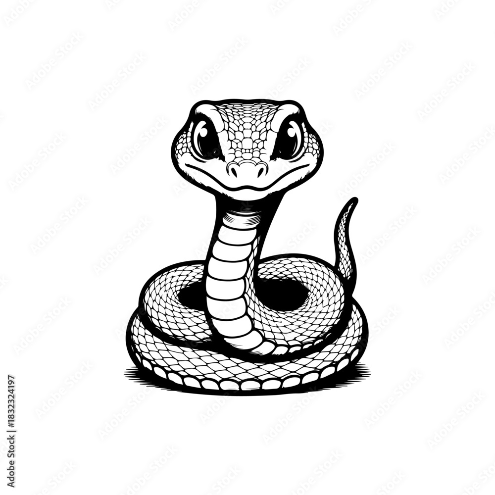 Fototapeta premium A simple black and white vector drawing of a cute happy friendly coiled cartoon snake mascot with large eyes and tongue flicking out. The style is childlike and minimalist.