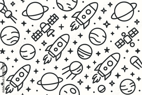Seamless black and white space doodle pattern with rockets