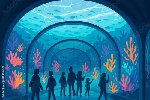 People observing fish in aquarium tunnel with coral reef