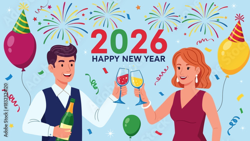 Cheerful couple clinking glasses to welcome the year 2026 during a festive party with colorful fireworks