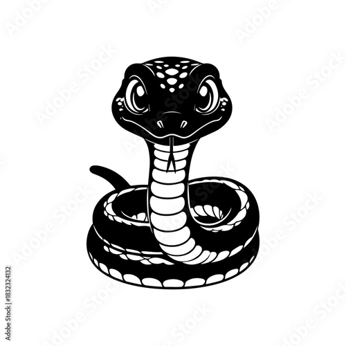 A simple black and white vector drawing of a cute happy friendly coiled cartoon snake mascot with large eyes and tongue flicking out. The style is childlike and minimalist.
