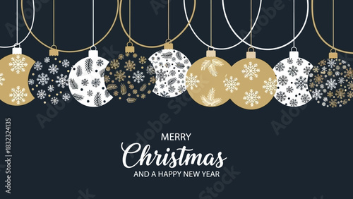 A festive horizontal banner with hanging gold and white Christmas ornaments decorated with snowflakes for the 2026 holiday season