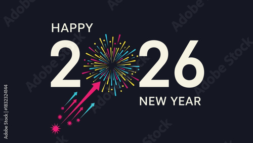 Happy New Year 2026 greeting card with colorful fireworks celebration on a dark background. Vector illustration banner for holiday design
