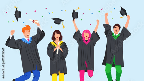 Happy graduates from the class of 2026 celebrating their achievement by throwing caps in the air
