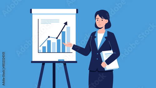 Illustration of a businesswoman presenting a report on a whiteboard with a rising chart, symbolizing successful economic growth and future planning for 2026