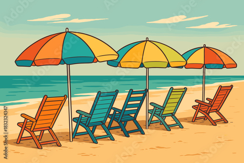Colorful beach chairs and umbrellas on retro seaside shore