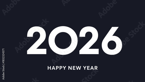 Happy New Year 2026 modern minimalist typography design. Elegant vector illustration with bold white text on a dark background for a holiday greeting card or banner