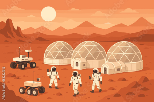 Astronauts and rovers outside dome habitat on Mars