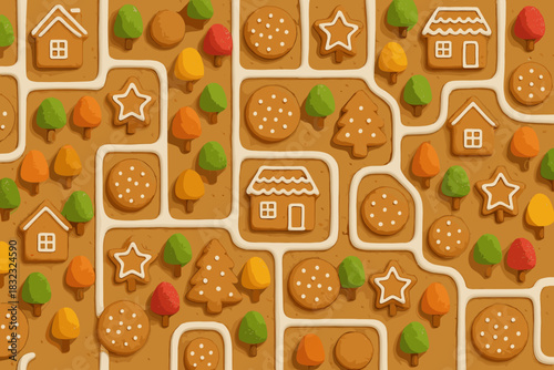Festive gingerbread village pattern with cookies and candy trees
