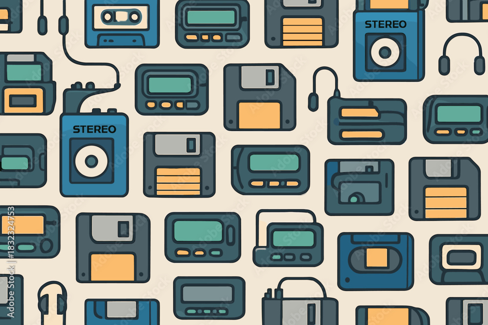 Fototapeta premium Seamless vintage tech pattern with floppy disks and walkmans